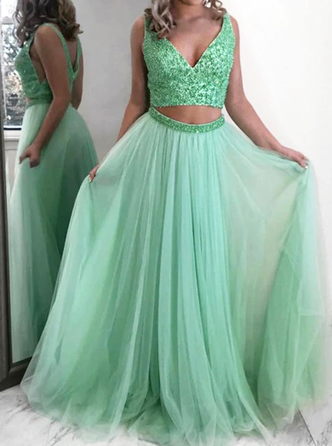 Beautiful Mint /Royal Blue Crop Top Prom Dress Girls 2 Pieces