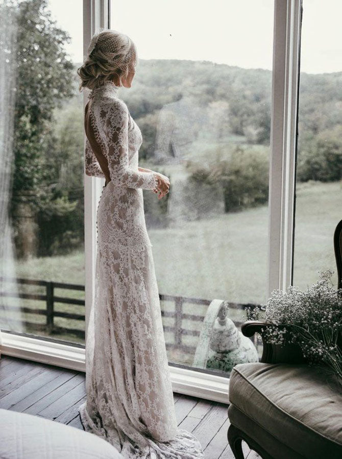 Sheer V-neck Lace Long-sleeve Wedding Gown 2021