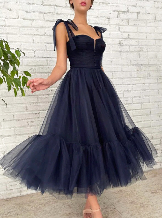 Two Piece Tulle Skirt Bridesmaid Dresses Black Tea Length