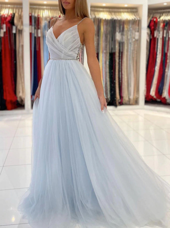 Pleated Strapless Sky Blue Prom Dress with Belt