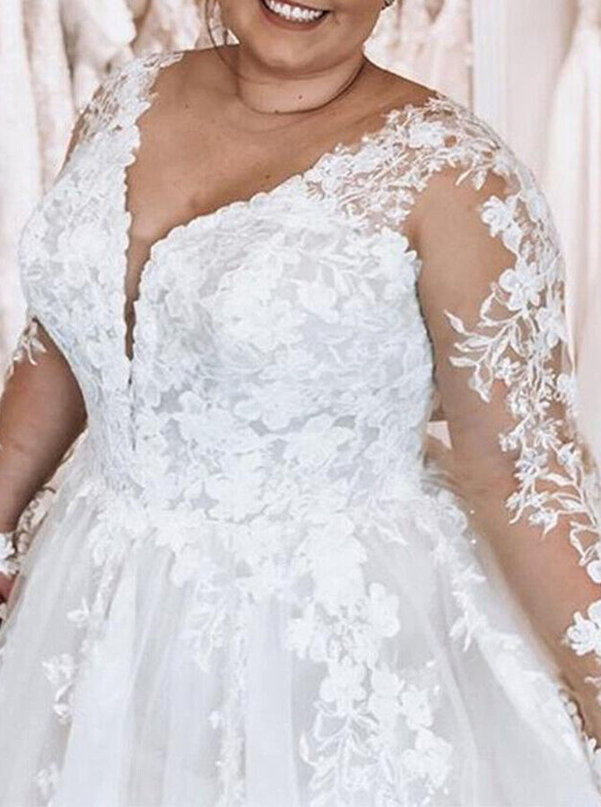 Romantic Plus Size Wedding Dress with Floral Lace Appliques,Long