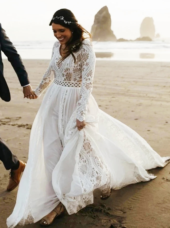 Boho Plus Size Wedding Dress,Beach Lace Chiffon Dress,WD00689 - Wishingdress