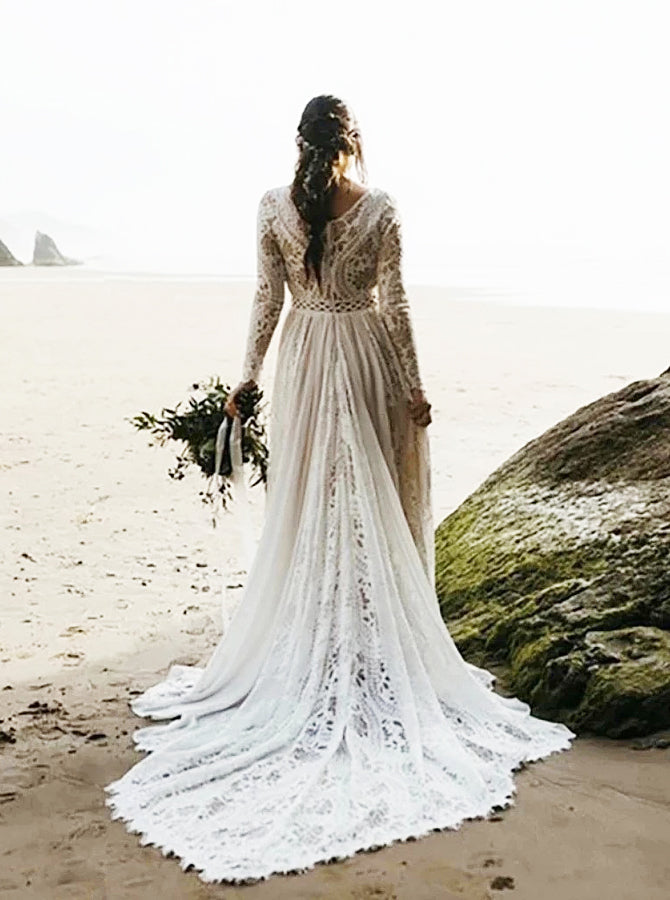 Lace Plus Size Wedding Dresses With Slit V Neck Chiffon A Line Boho Bridal  Gowns