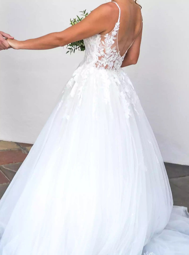 V-neck Spaghetti Straps Soft Satin Long Wedding Dresses, Simple Wedding  Dresses,MW399