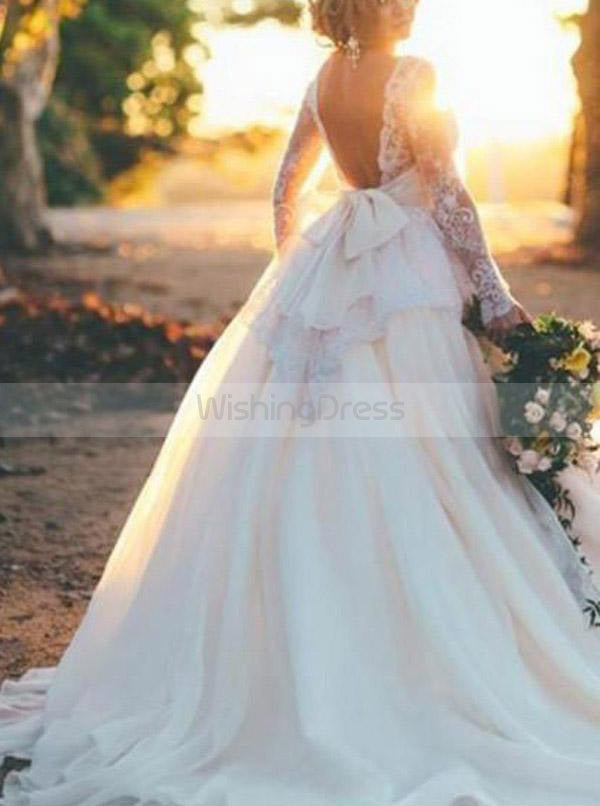 Ball Gown Wedding Dress with Sleeves,Romantic Wedding Dress,Backless  Wedding Dress,WD00215