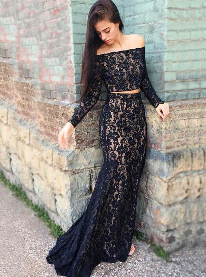 Black Mermaid Lace Evening Dress,Evening Dress with Long Sleeves,Two P -  Wishingdress