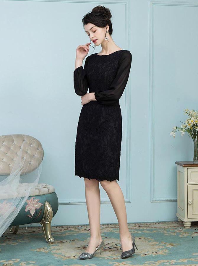 Black Mother of the Bride Dress,Mother Dress with Long Sleeves,Knee Le -  Wishingdress