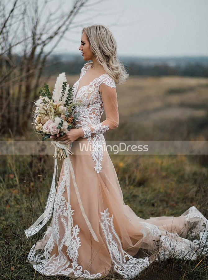 Boho Lace And Chiffon Two Piece Wedding Dress With Long Sleeves
