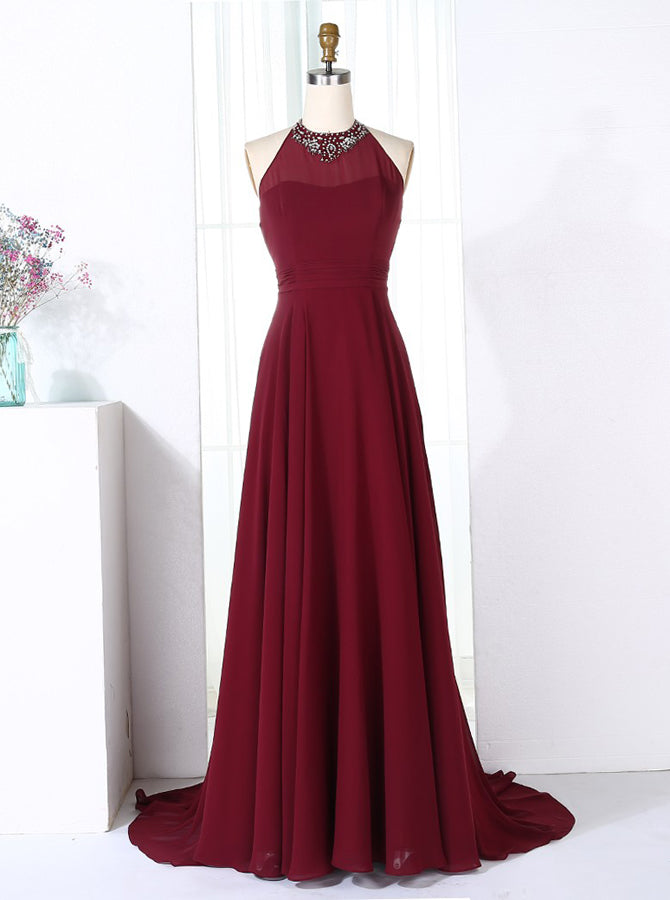 Burgundy halter best sale bridesmaid dress