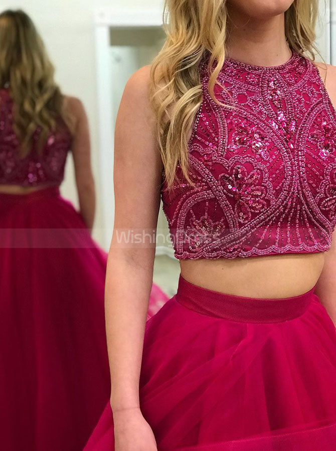 Burgundy two piece prom dress deals