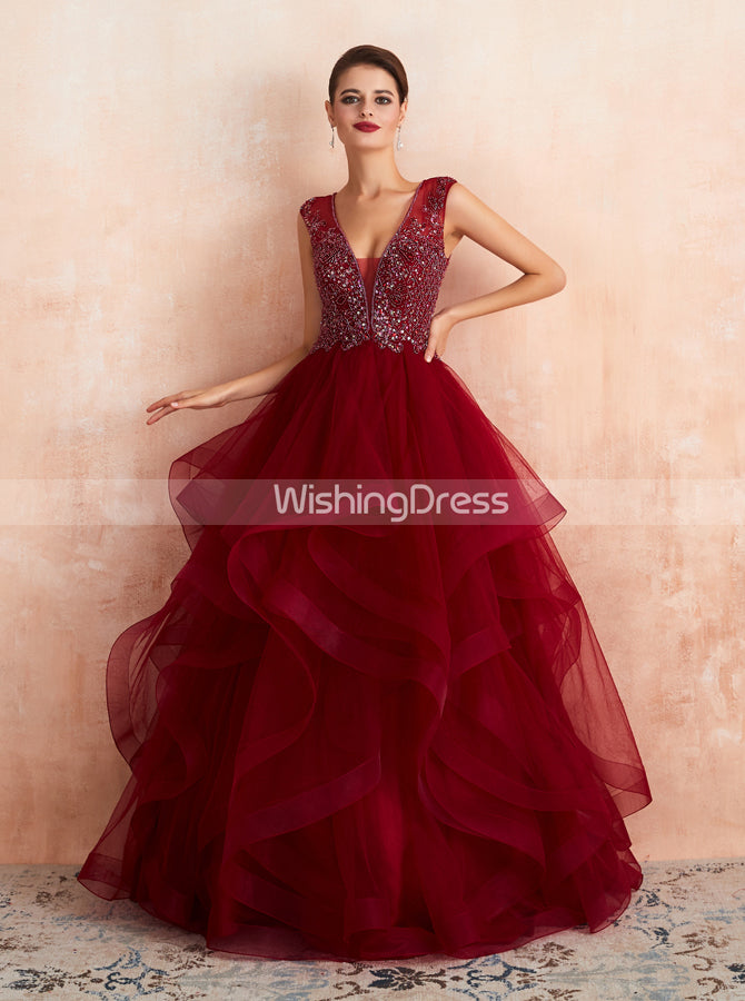 Burgundy Tiered Prom Gown,Princess Sweet 16 Dress,PD00460 - Wishingdress