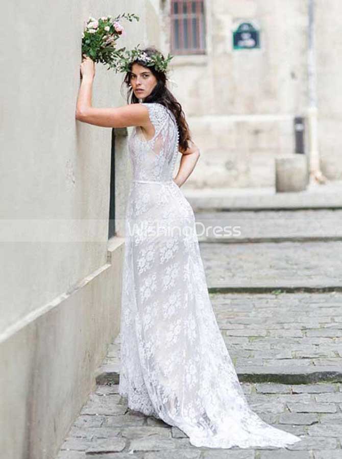 High Neck BOHO Wedding Dress Lace Wedding Dress with Sweep Train WD00445