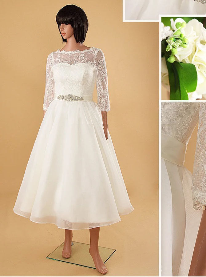 Ivory Tea Length Wedding Dress with Sleeves,Modest Wedding Reception D -  Wishingdress