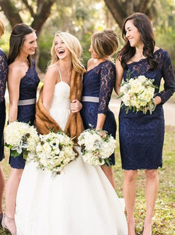 Knee Length Bridesmaid Dress,Lace Dark Navy Bridesmaid Dress,One Shoul -  Wishingdress