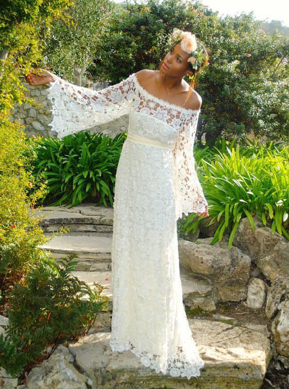 Mod viljen Dekorative indre Lace Garden Wedding Dress with Sleeves,Off the Shoulder Long Bridal Dr -  Wishingdress