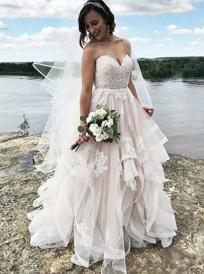 Ruffled Wedding Dresses,Modern Wedding Gown,White Wedding Dress,Unique -  Wishingdress