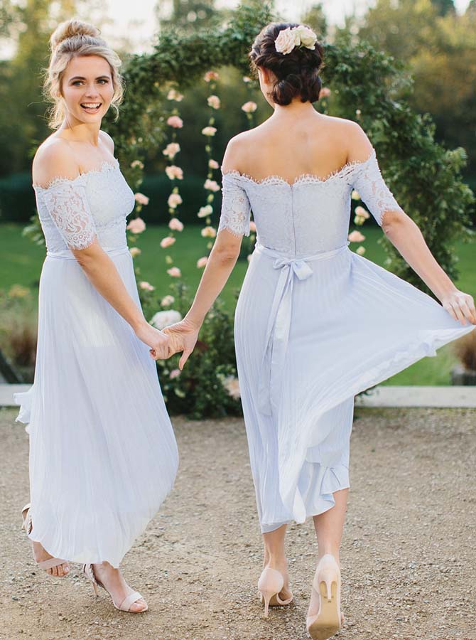 Off The Shoulder Bridesmaid Dresses,Tea Length Bridesmaid Dress,Silver -  Wishingdress