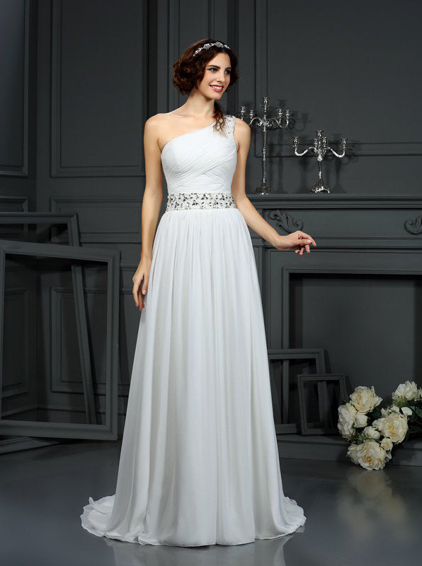 One Shoulder Wedding Dress Chiffon Long Wedding Dress Beach