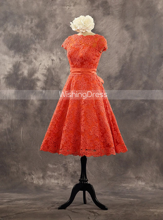 Orange A line Lace Wedding Dresses Tea Length Wedding Party Dress with Sash WD00530