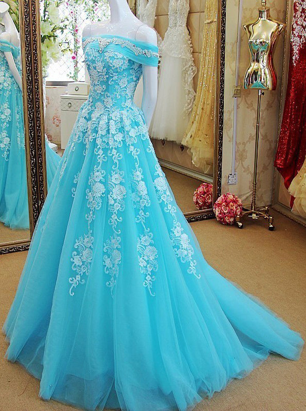 Princess Blue Tulle Prom Dress,Off the Shoulder Prom Dress with Appliq -  Wishingdress