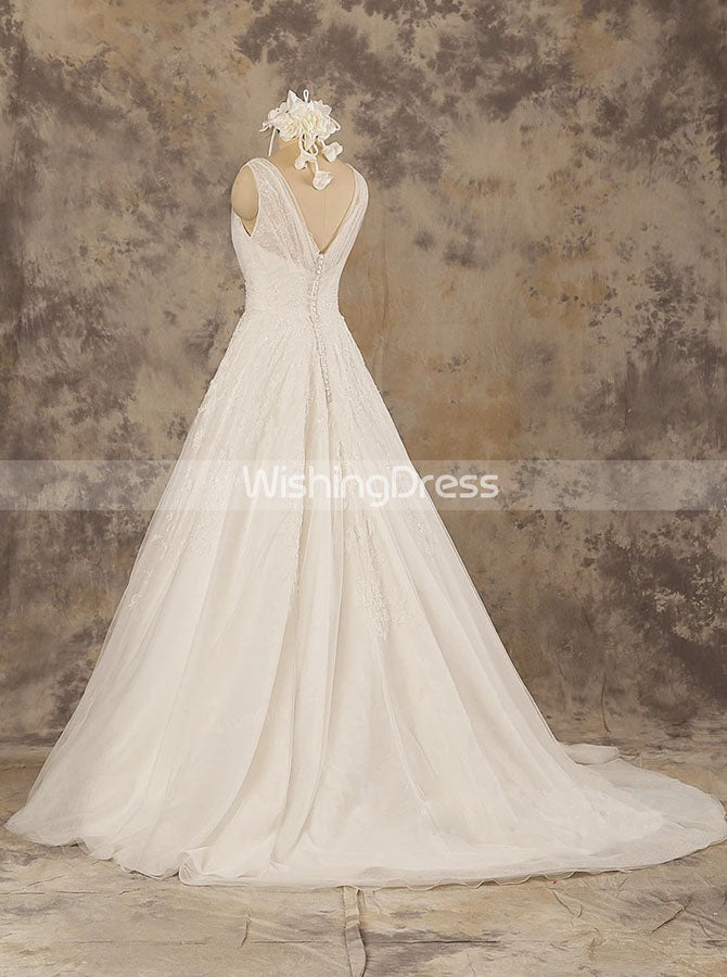 Ivory/Nude V-neckline A-Line Lace Princess Bridal Dress - Xdressy