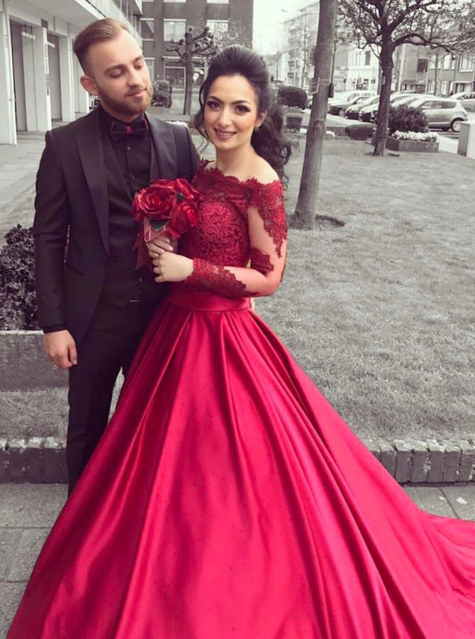 Red A-line Prom Gown,Off the Shoulder Prom Dress with Long Sleeves