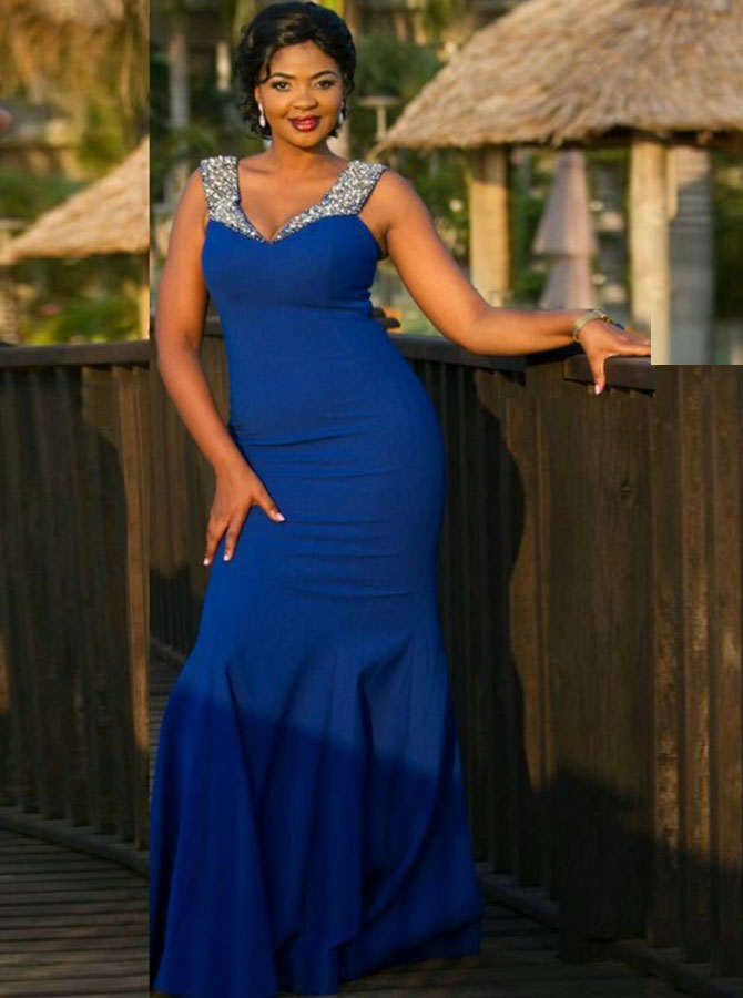 Blue Plus Size Dress,Fit and Flare Plus Size Prom Dress,Lon - Wishingdress