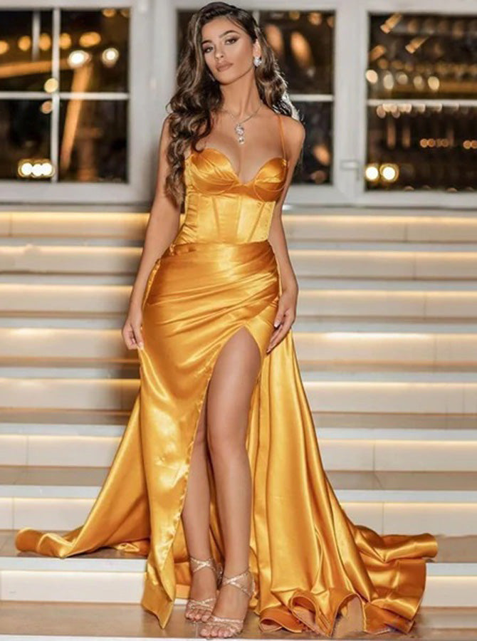 Sexy Gold Prom Dress with Corset Back,Long Evening Dresses with