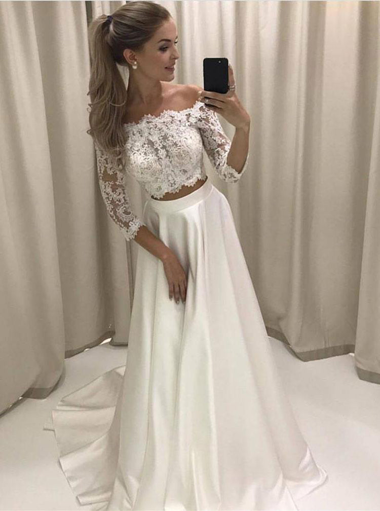 Two Piece Wedding Dresses,Off the Shoulder Wedding Dresses,Wedding Dress  with Sleeves,WD00183