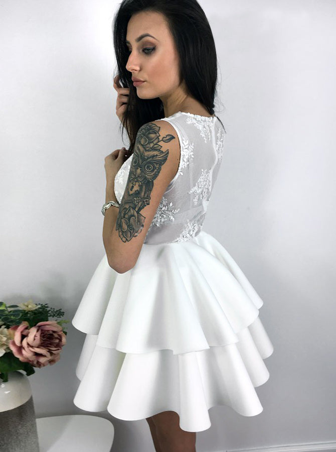 White Tulle Lace Round Neck Short Layered Homecoming Dress, Knee