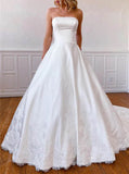 Classic A-line Wedding Gown,Satin Bridal Gown With Pockets,WD00945