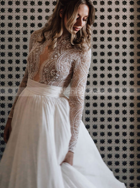 Elegant Long Sleeve Wedding Dress,Destination Bridal Gown,WD00947