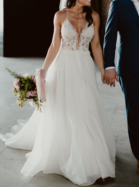 A-line Destination Wedding Dress,Crisscross Open Back Wedding Dress,WD00956