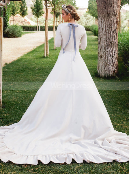 Modest Stretch Crepe Wedding Dress,A-line Bridal Gown With Sleeve,WD00957