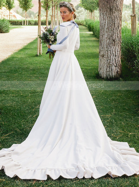 Modest Stretch Crepe Wedding Dress,A-line Bridal Gown With Sleeve,WD00957