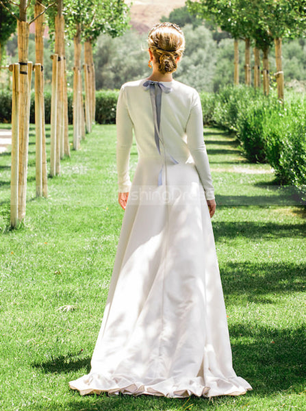 Modest Stretch Crepe Wedding Dress,A-line Bridal Gown With Sleeve,WD00957