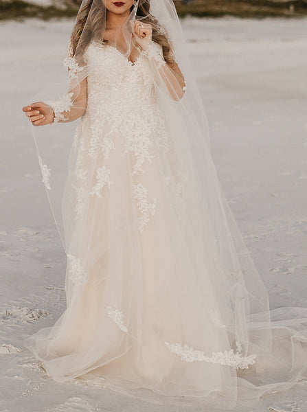 Timeless A-line Wedding Dress,Long Sleeve Plus Size Bridal Dress,WD00960