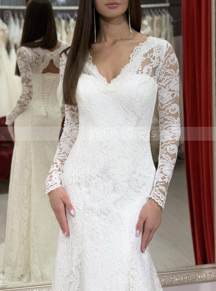 Lace Wedding Dress With Long Sleeves,Fit And Flare Bridal Dress,WD00975