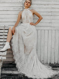 Boho High Neck Wedding Dress,Tulle Over Lace Destination Wedding Dress,WD00983