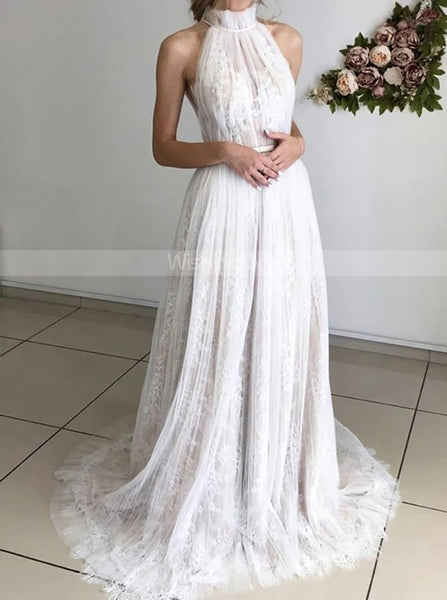 Boho High Neck Wedding Dress,Tulle Over Lace Destination Wedding Dress,WD00983