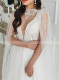 A-line Wedding Dress With Cape,Elegant Plunging Neckline Bridal Dress,WD00990