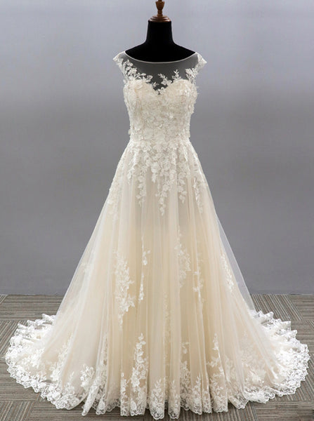 A-line Tulle Wedding Dress,Champagne Lace-appliqued Bridal Gown,WD01001