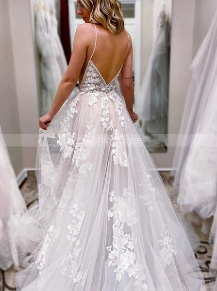 A-line Plunging Neckline Bridal Dress,Backless Wedding Dress,WD00992