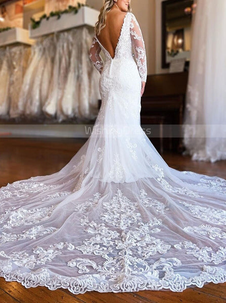 Trumpet Long Sleeve Lace Wedding Dress,V Back Wedding Dress,WD00993