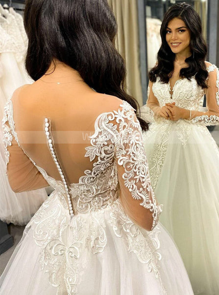 A-line Wedding Dress With Sleeves,Illusion Neckline Bridal Gown,WD00996