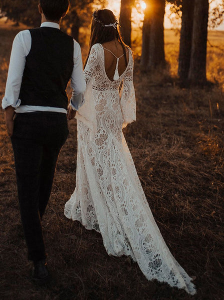 Boho Wedding Dress,Bell Sleeve Lace Bridal Dress,WD01009