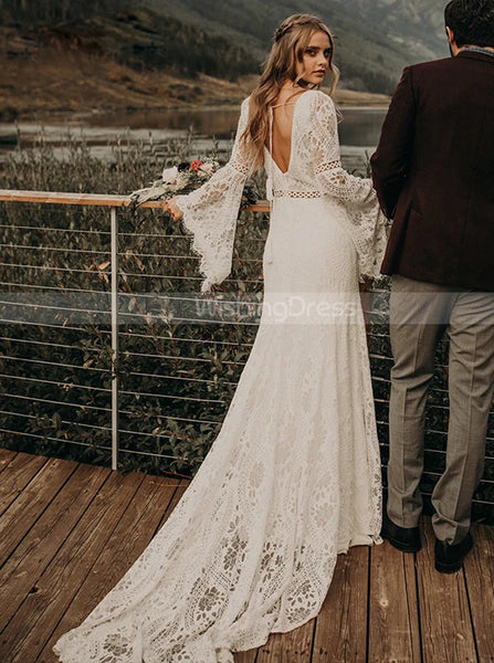 Boho Wedding Dress,Bell Sleeve Lace Bridal Dress,WD01009