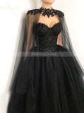 Black Wedding Dress With Cape Sleeve,Floor Length Black Bridal Gown,WD01013