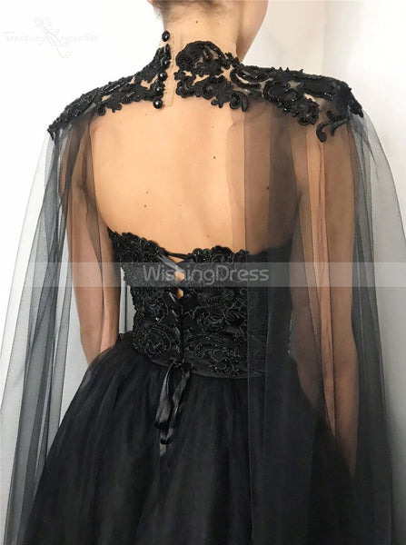 Black Wedding Dress With Cape Sleeve,Floor Length Black Bridal Gown,WD01013