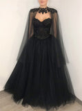 Black Wedding Dress With Cape Sleeve,Floor Length Black Bridal Gown,WD01013